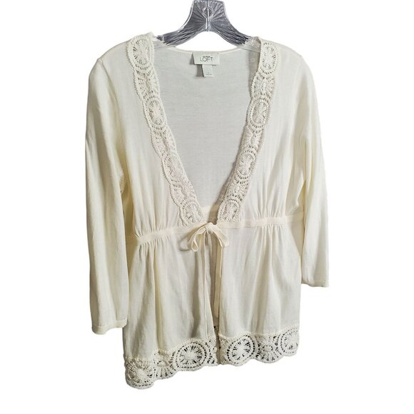 LOFT Sweaters - Ann Taylor Loft Sz L Cardigan Tie Front Lace Trim Pima Cotton Sweater 3/4 Sleeve
